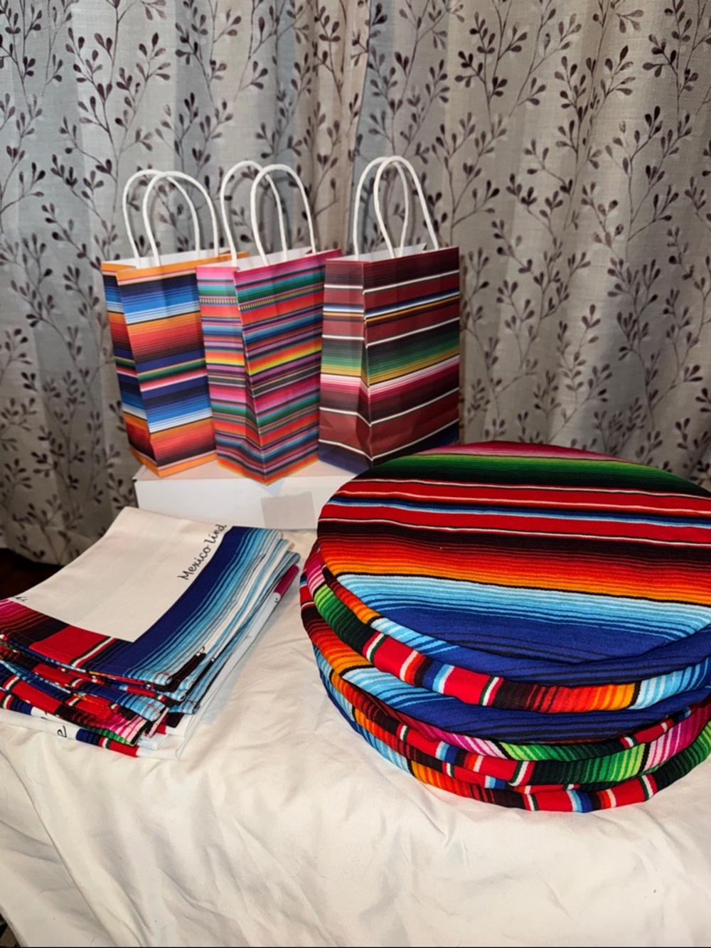 Bright Serape Fiesta Set: 10 Placemats/Napkins and 10 Chargers + 24 gift bags